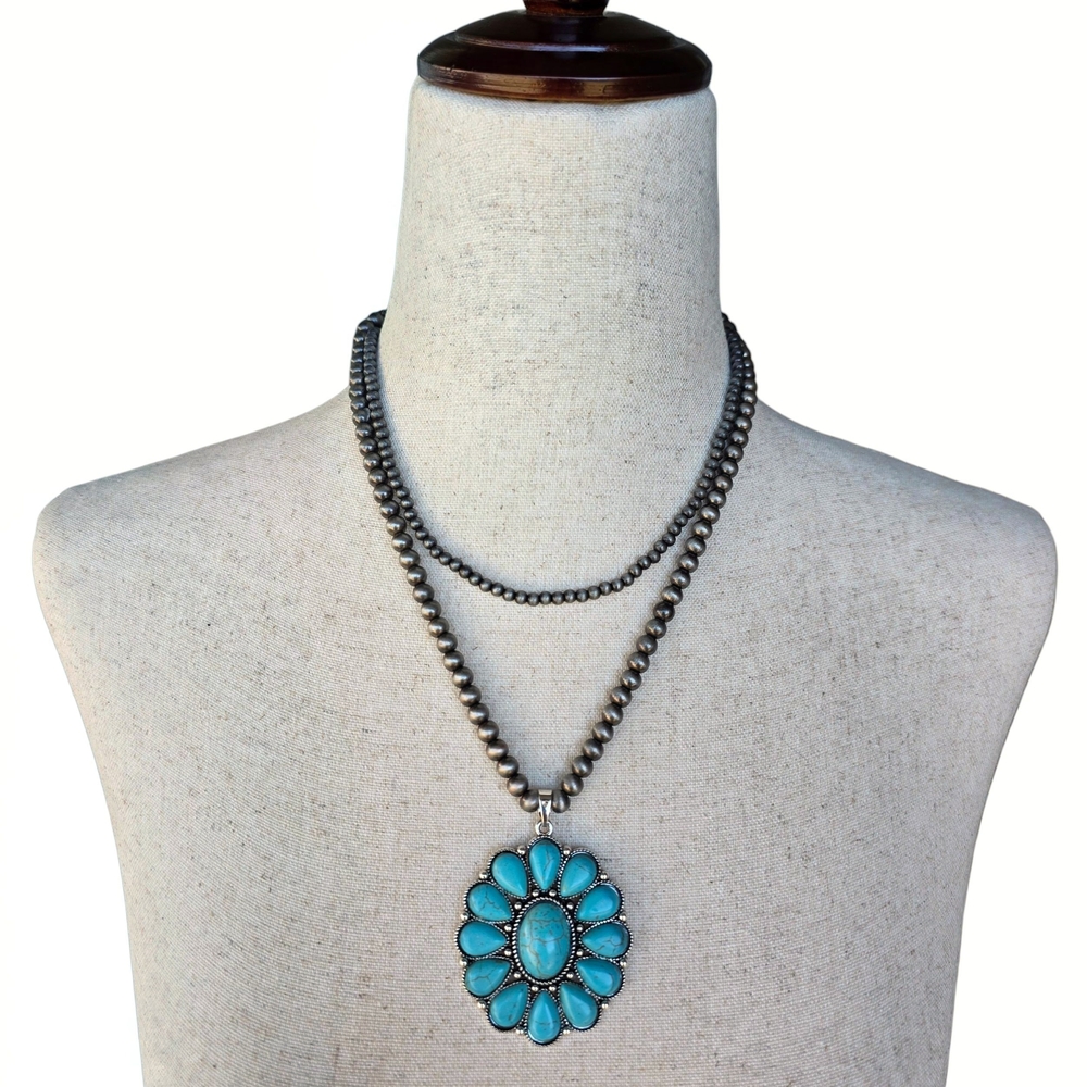 Western Concho Turquoise Boho Pendant Necklace Handmade Double Strand - Picture 2 of 5